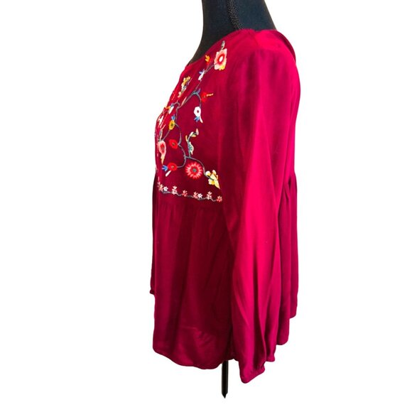 Jodiel Cottage Core Boho Chic Peasant Wine Red Floral Embroidered Blouse M - Picture 4 of 12
